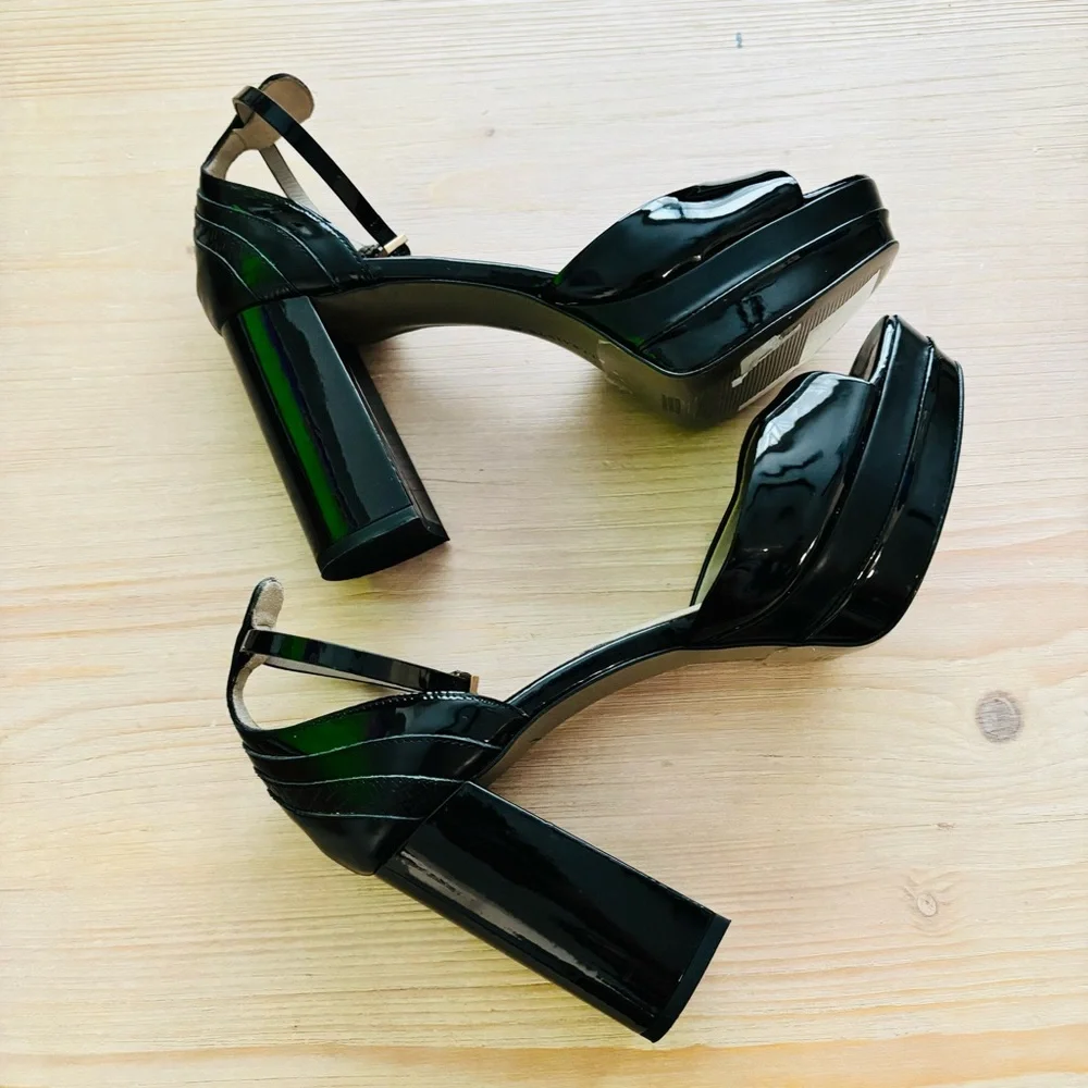 All Saints Tia Glossy Black Platform Heel Sandals Size 10M‎ WF571Z